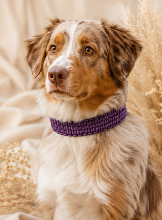 Hund mit Halsband aus Paracord im Muster Back Road Journey