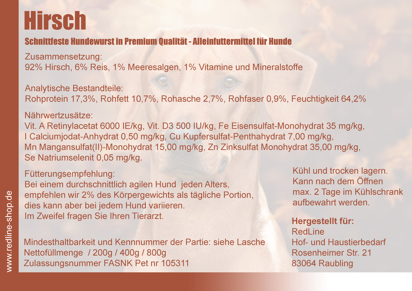 RedLine Hundewurst Hirsch mit Reis und Meeresalgen