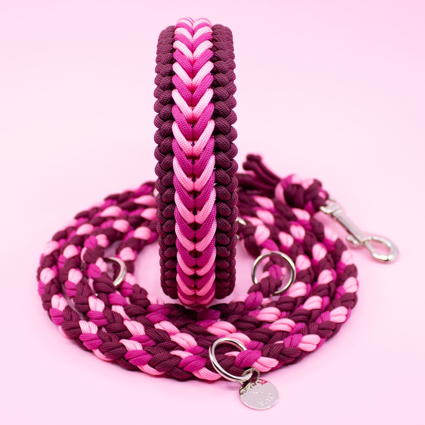 Halsband und Leine in rosa und weinrot von PACOandFAY