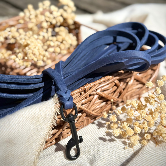 Fettleder Schleppleine in blau mit schwarzem Karabiner