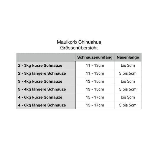 Maulkorb Chihuahua Größenübersicht