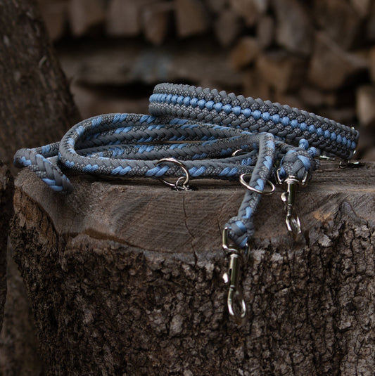 Halsband und Leine aus Paracord in grau und ice blau