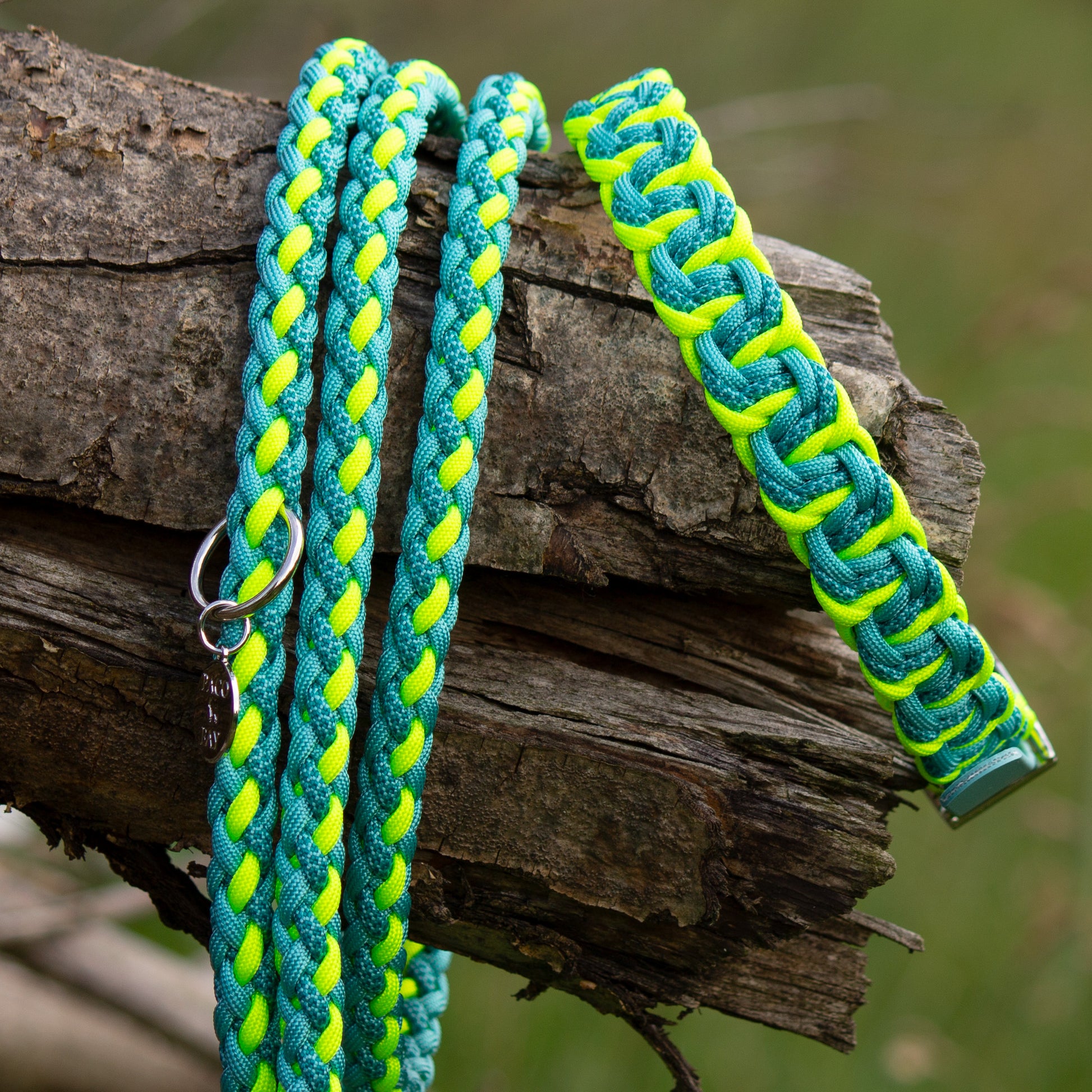 Paracord Leine und Halsband in Türkis und Neon Gelb