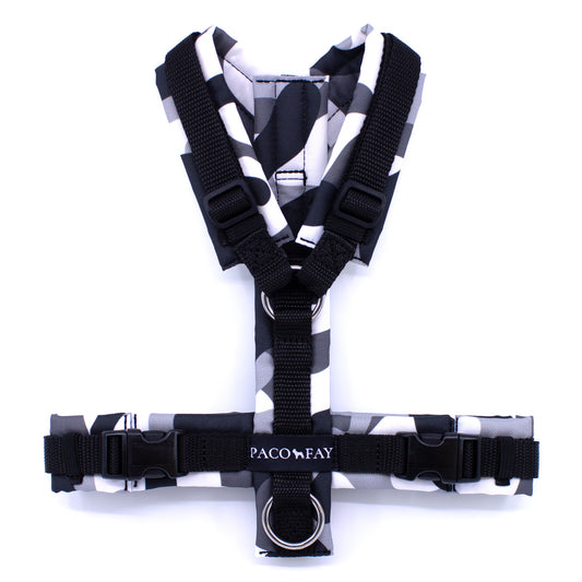 Gepolstertes Y-Geschirr für Hunde in Camouflage Grau mit Edelstahlringen