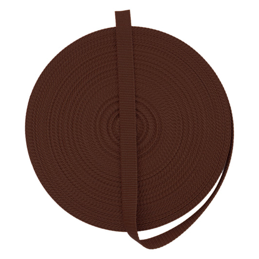 Rolle aus robustem, braunem Polypropylen-Gurtband in 20 mm Breite für die Herstellung von Hundehalsbändern und Leinen von PACO und FAY.