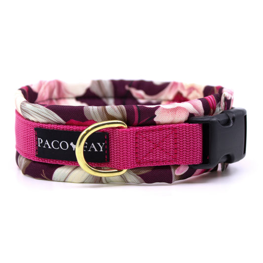 Gepolstertes Hundehalsband im Muster Exotic Orchids und Gurtband in dunkelrosa