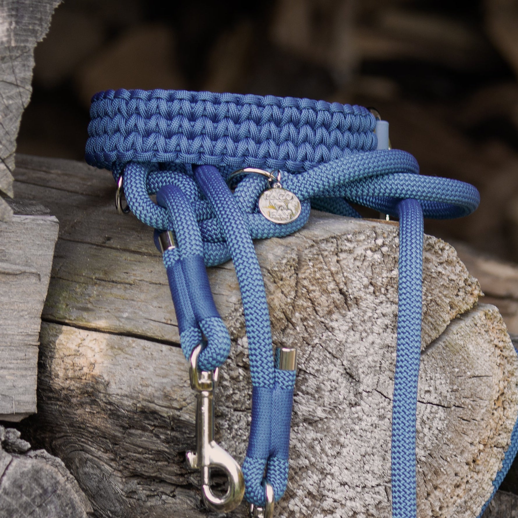 Paracord Halsband und Tauleine in petrol blau