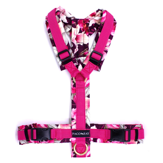 Gpolstertes Y-Geschirr im Muster Exotic Orchids mit Gurtband in Dunkelrosa