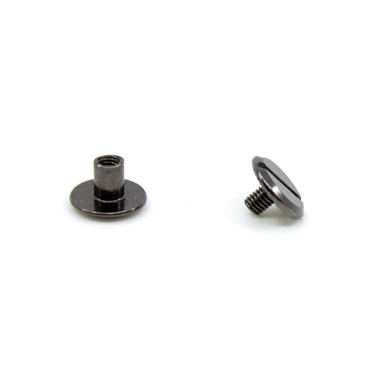 Flache Buchschraube in Schwarz-Nickel (10x5mm) als robuste Chicago Screw Schraubniete für DIY Hundezubehör von PACO and FAY