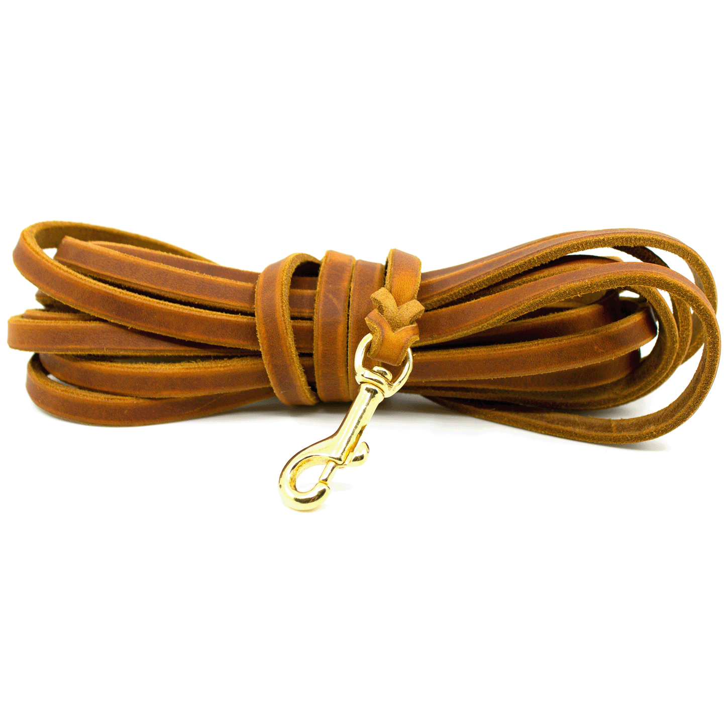 Schleppleine aus Fettleder in der Farbe Cognac mit Messing Karabiner